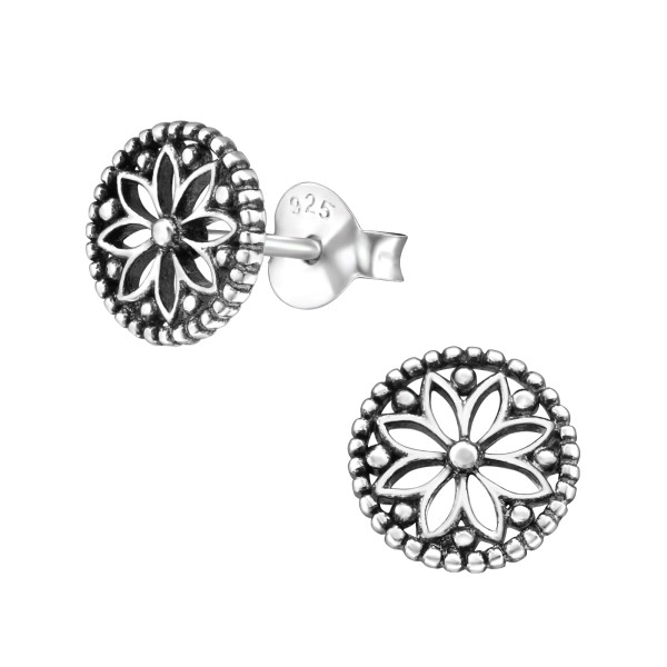 Ohrstecker rund Blume antik 925 Silber e-coated
