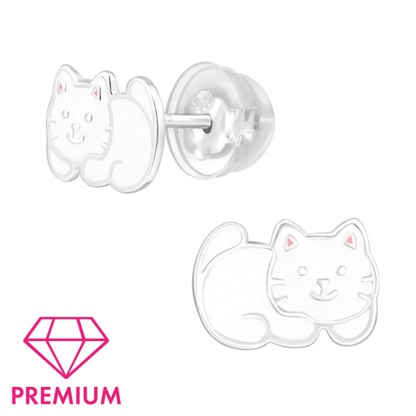 Ohrstecker Kuschel Katze weiß PREMIUM 925 Silber e-coated