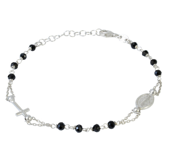 Armband Heiligenbild mit Kreuz u. schwarzen Perlen 925 Silber rhodiniert 18 cm + 3 cm Verl.