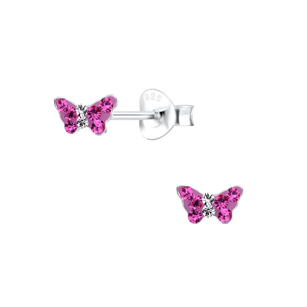 Ohrstecker mini Schmetterling mit pinken Kristallen 925 Silber e-coated