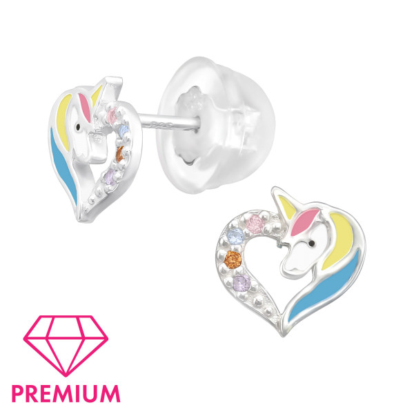 Ohrstecker Einhorn im Herz mit Glitzersteinchen PREMIUM 925 Silber e-coated