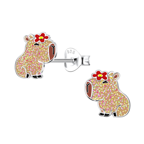 Ohrstecker süßes, bunt glitzerndes Hippo 925 Silber e-coated
