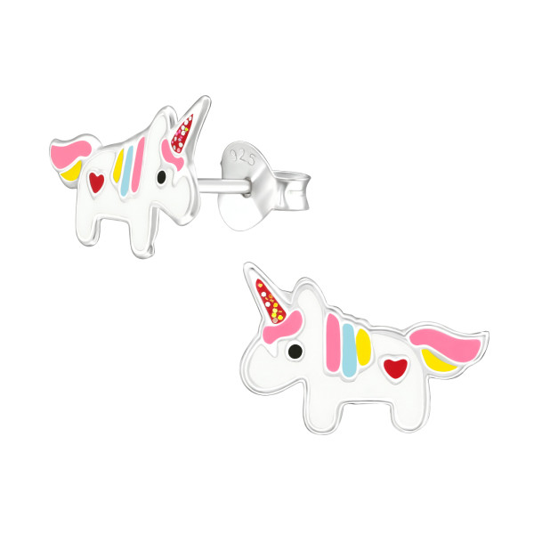 Ohrstecker Einhorn weiß mit Herz 925 Silber e-coated