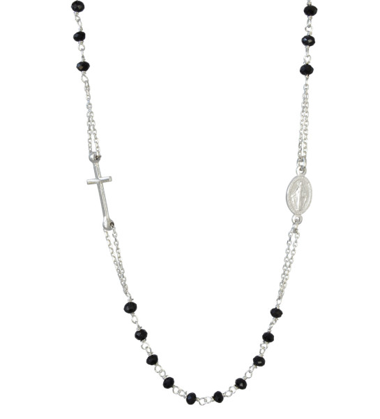 Kette Heiligenbild mit Kreuz und schwarzen Perlen 925 Silber rhodiniert 49 cm