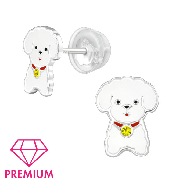 Ohrstecker weißer Hund mit Kristall PREMIUM 925 Silber e-coated