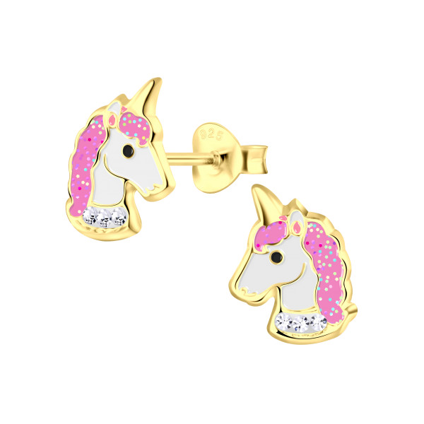 Ohrstecker Einhorn Büste mit weißen Kristallen 925 Silber vergoldet