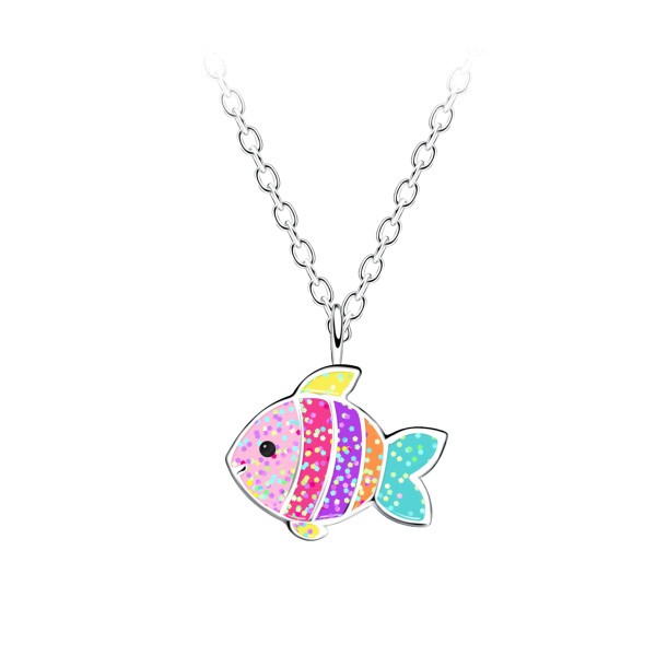 Kette bunter Glitzer Fisch 925 Silber e-coated