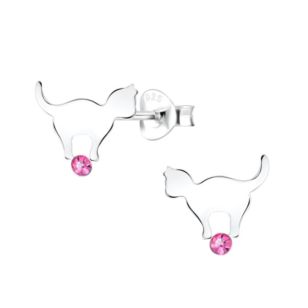 Ohrstecker Katze auf rosa Kristall 925 Silber e-coated