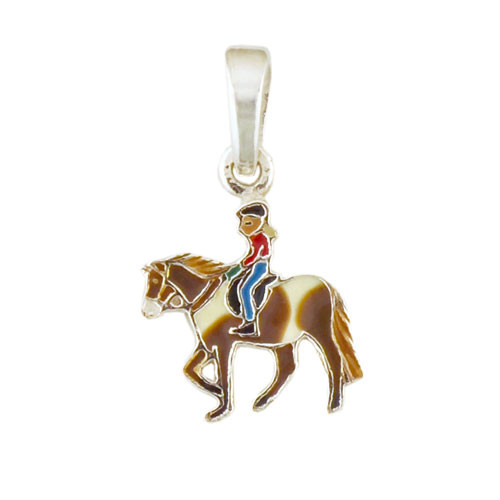 Pferd mit Mädchen Anhänger hellbraun gescheckt 925 Silber